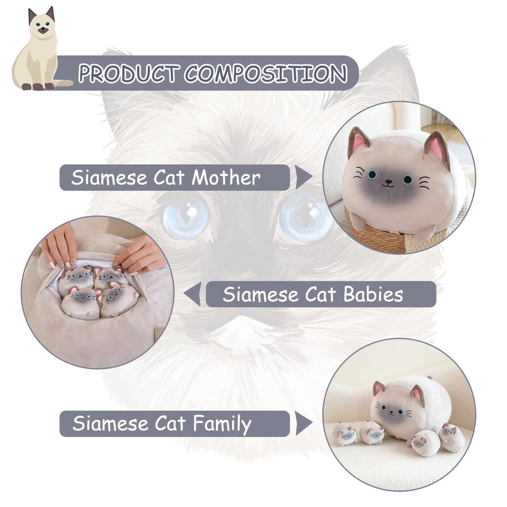 TOYSYM Siamese Cat mommy tummy opening—babies removable for interactive play.
