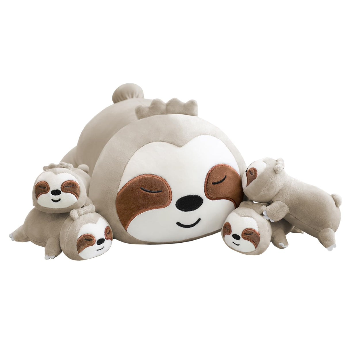 TOYSYM sloth mommy plush with belly zipper for removable babies and cuddly moments.