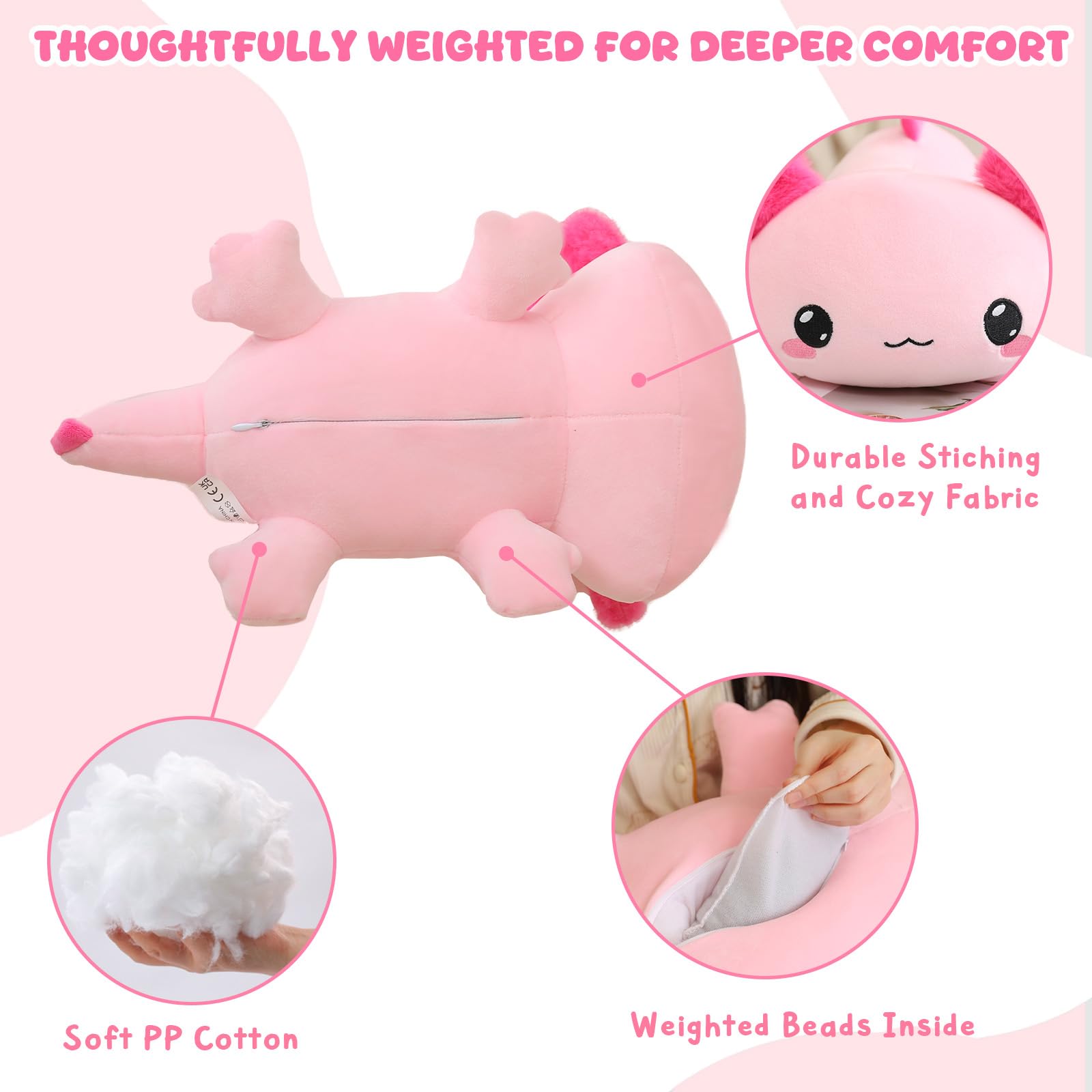 TOYSYM weighted axolotl pillow demonstrates versatile use for lounging and décor.