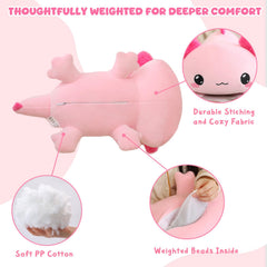 TOYSYM weighted axolotl pillow demonstrates versatile use for lounging and décor.