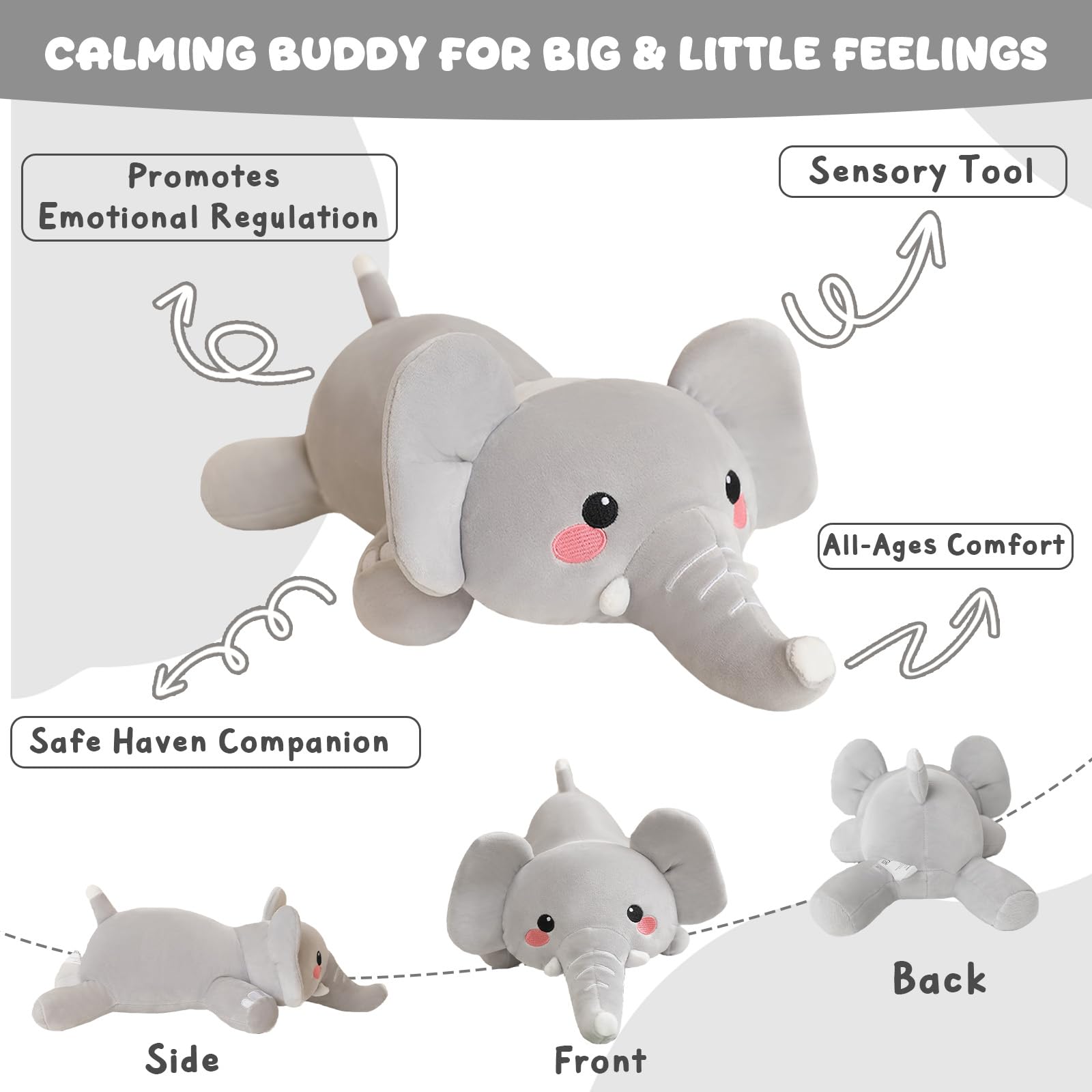 TOYSYM weighted elephant fabric texture shows plush feel and durable stitching