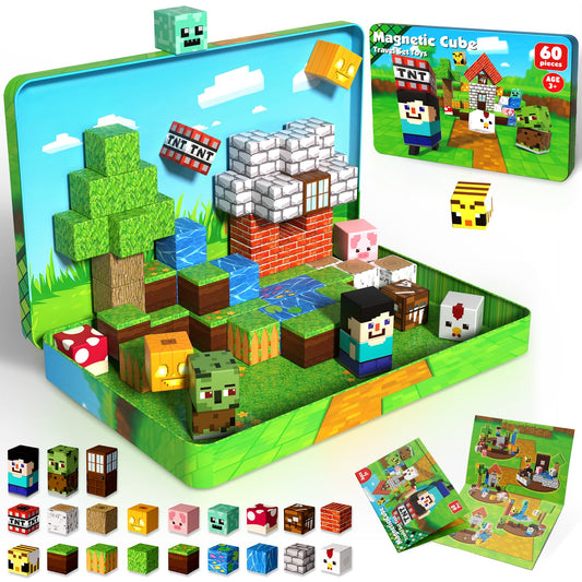 ToyUnited 60pcs magnetic blocks in a metal box for tidy travel play