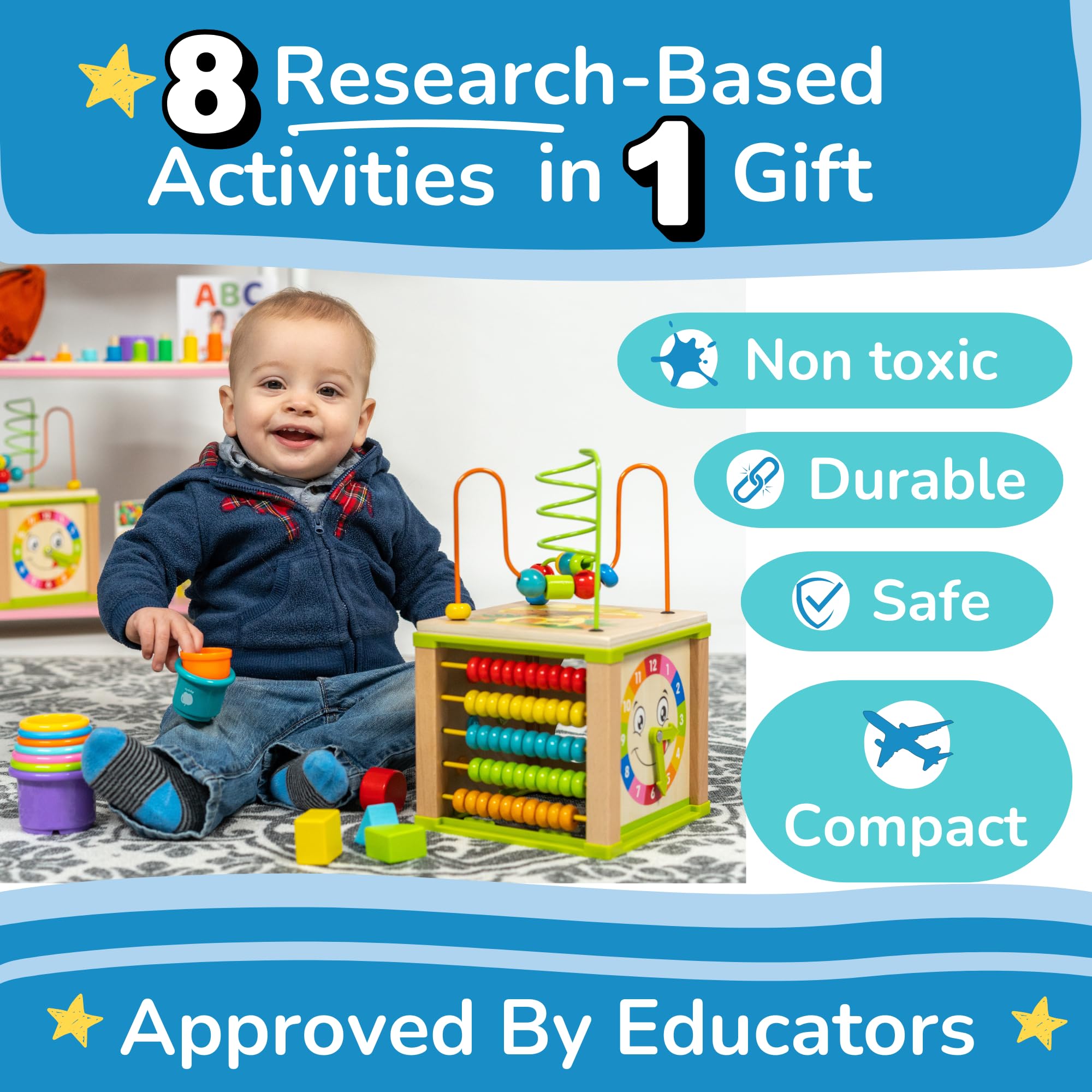 Toyventive cube includes abacus beads to support early counting and color recognition.