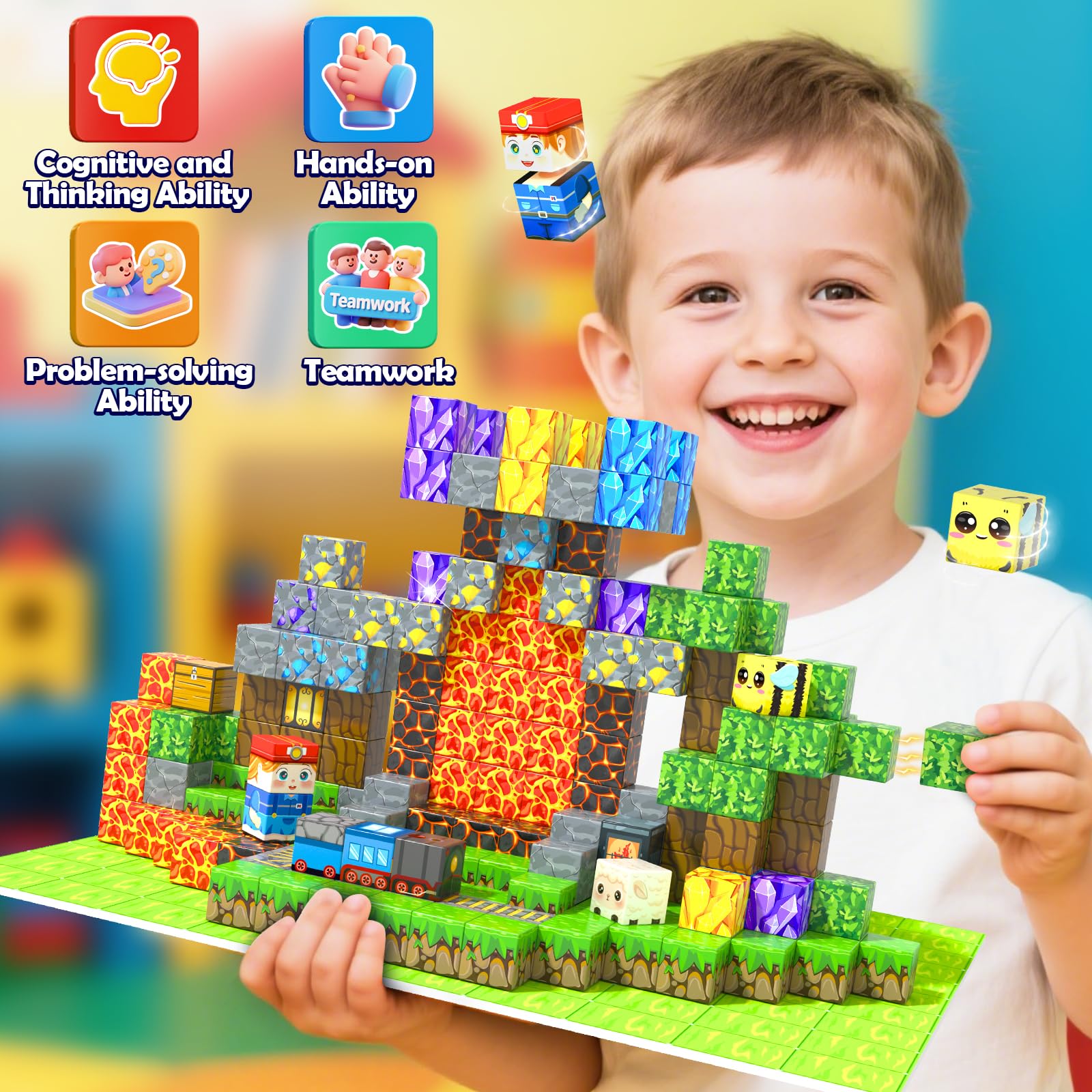 Toyvimo closeup magnetic blocks show strong magnets for sturdy constructions.