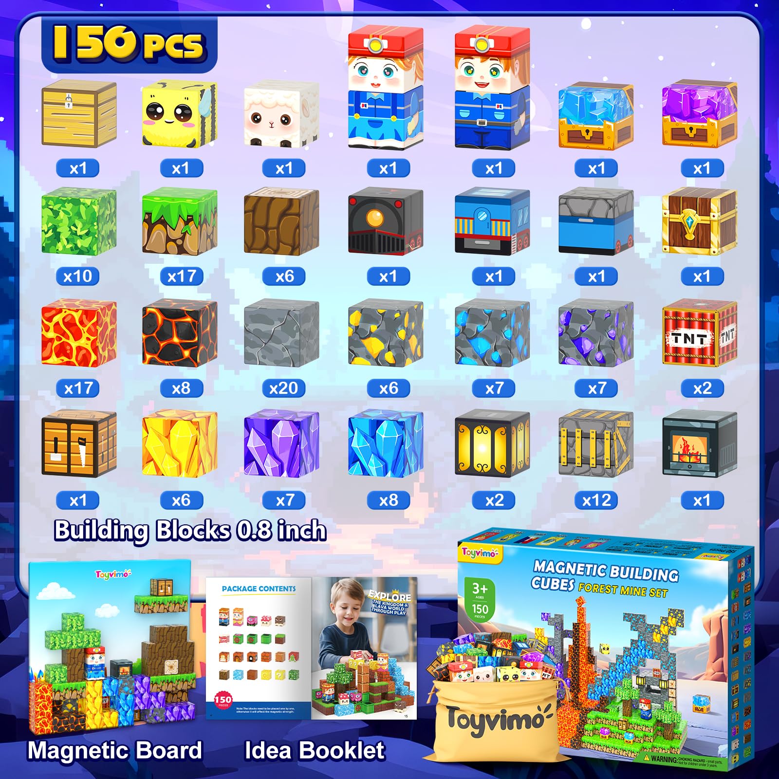 Toyvimo mine-pattern front on the board supports guided building challenges.