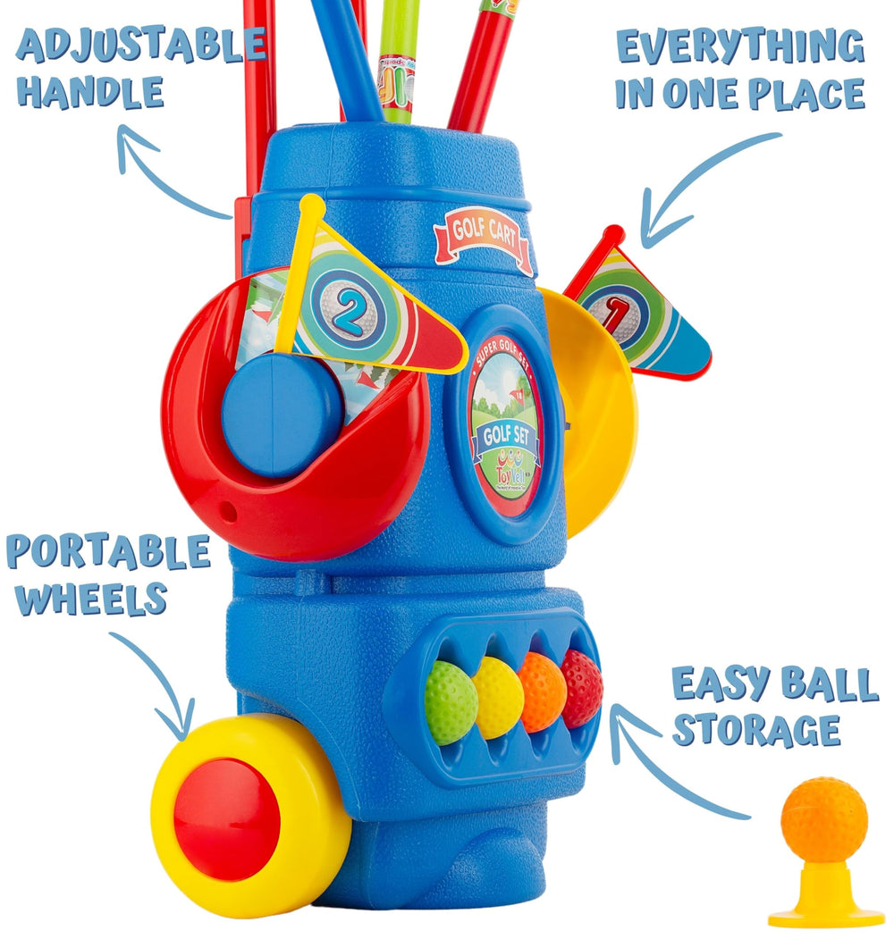 ToyVelt Toddler Golf Set rolling cart: quick cleanup and storage.