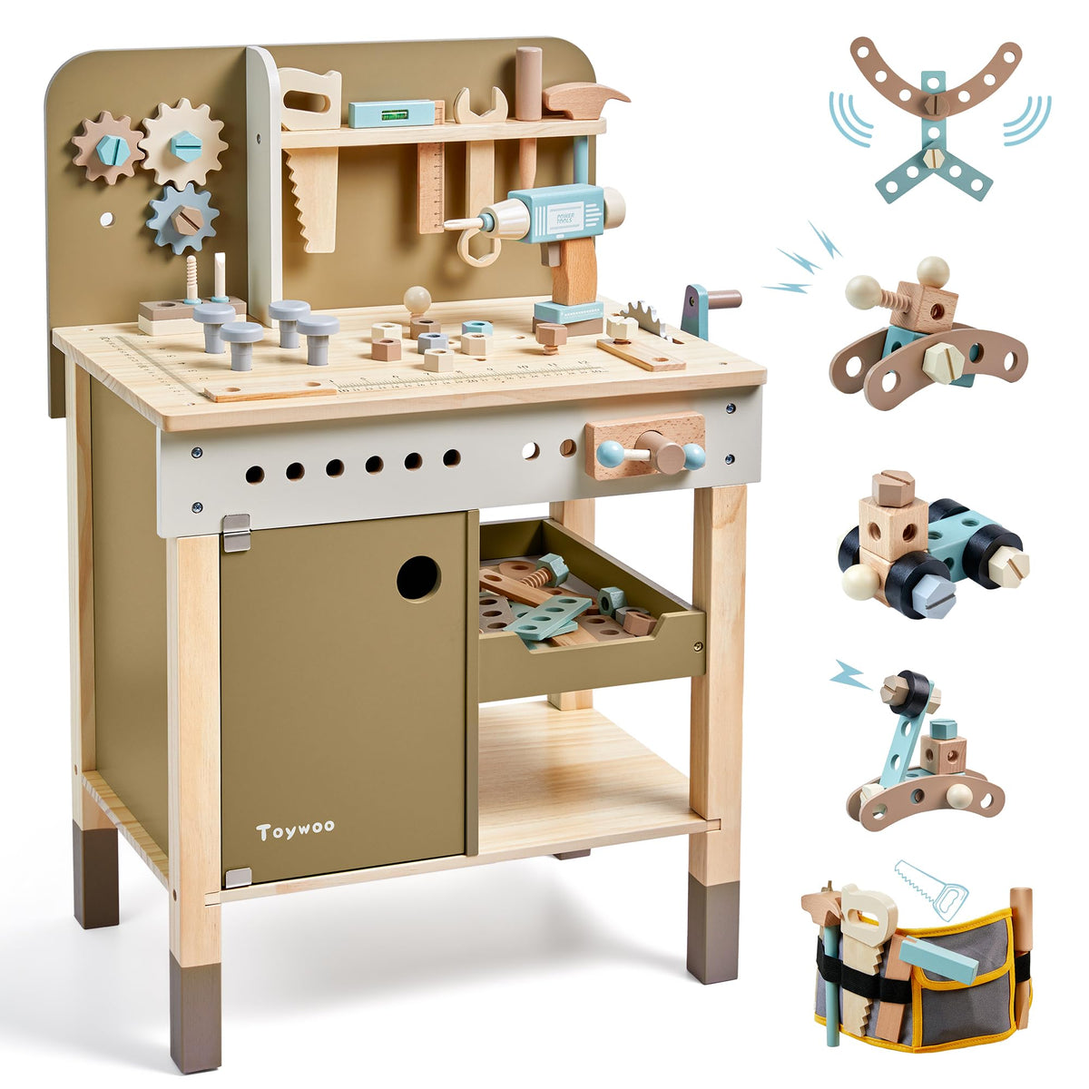 Toywoo kids tool set workbench encourages imaginative building on a sturdy wooden surface