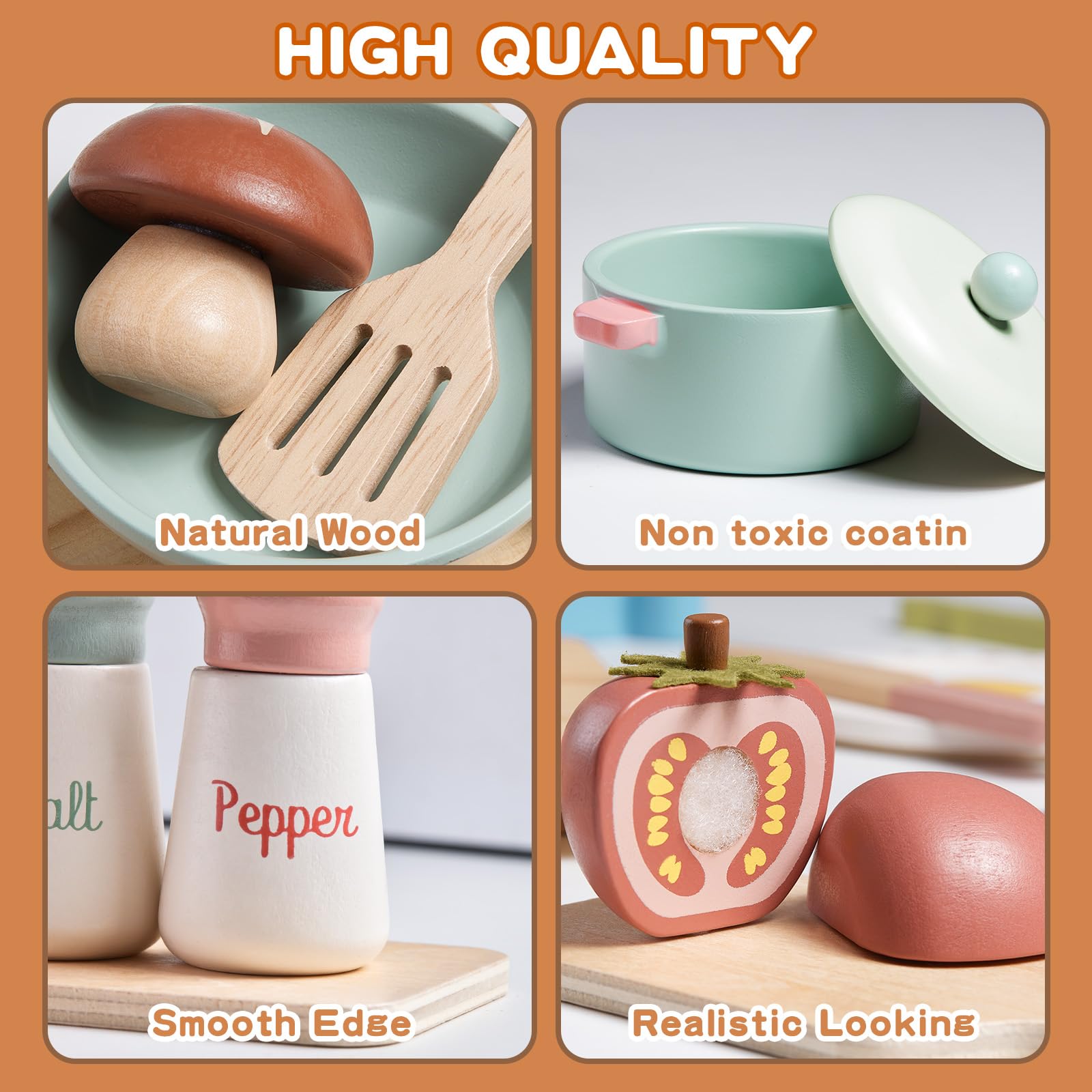 Toywoo wooden cooking utensils playset enhances hands-on pretend dining experiences.