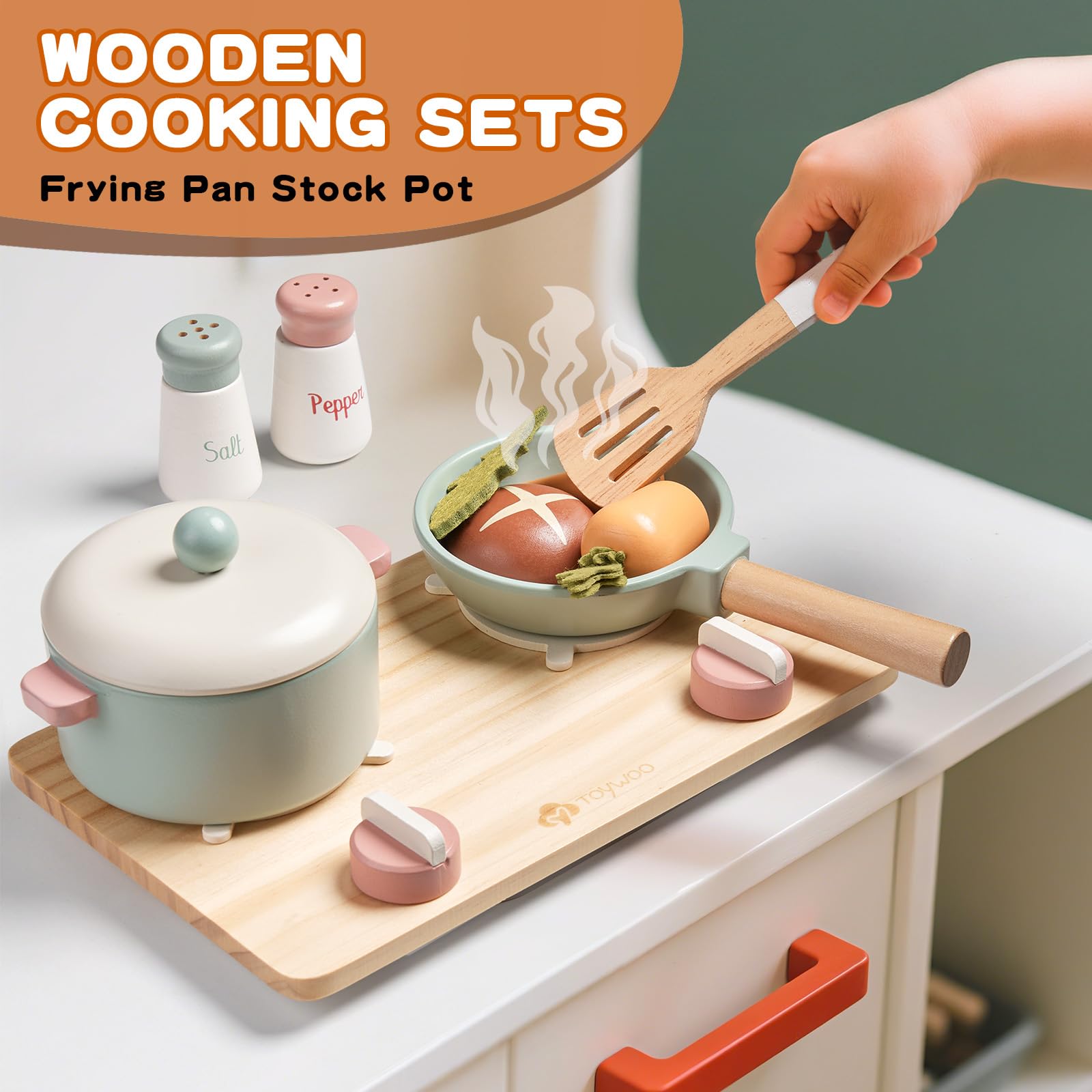 Toywoo wooden kitchen stove plates and tableware showcase realistic pretend cooking.