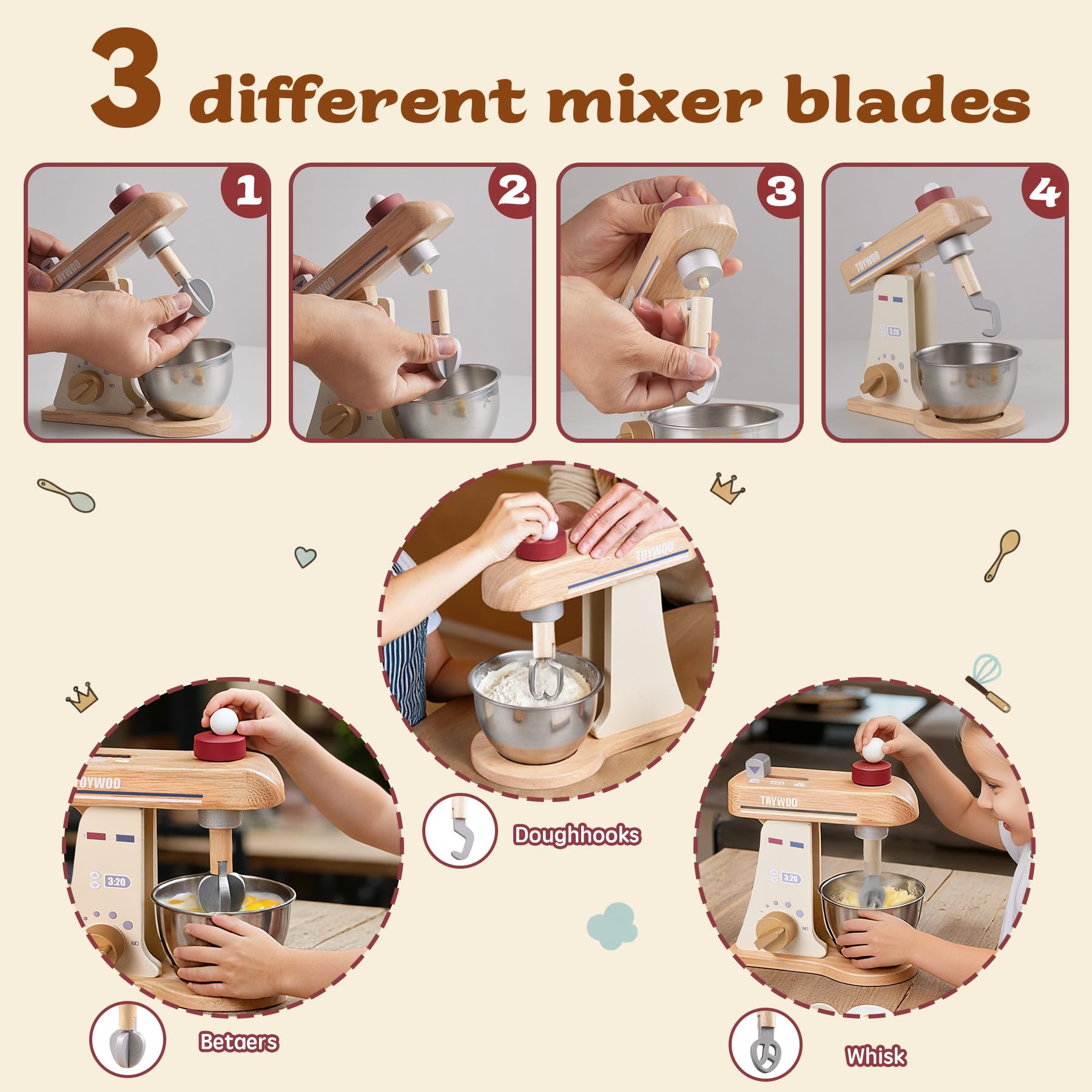 Toywoo wooden mixer dough hook head supports varied pretend baking scenarios.