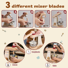 Toywoo wooden mixer dough hook head supports varied pretend baking scenarios.