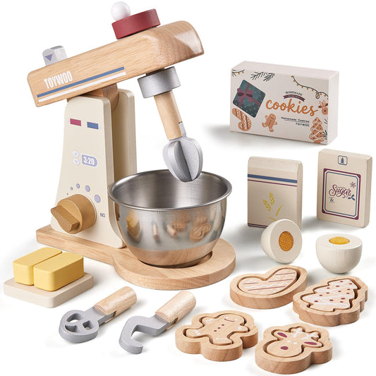 Toywoo wooden mixer with bowl inspires imaginative pretend baking at home.