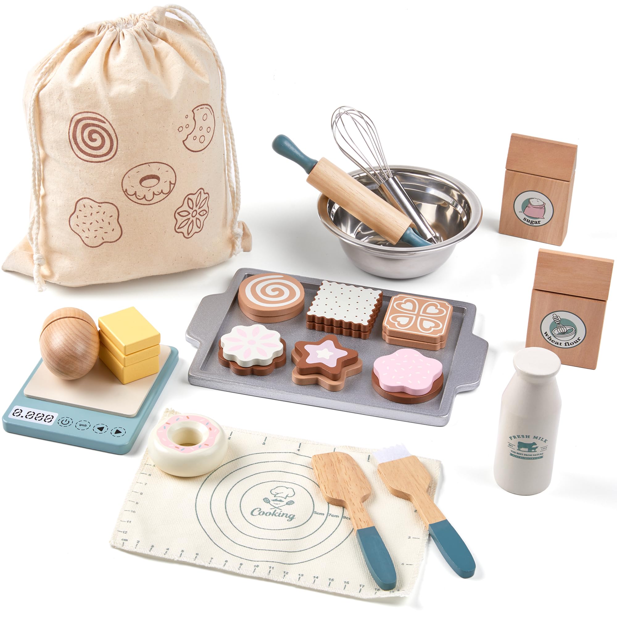 Toywoo wooden play food set with 23 pieces including pan and whisk for imaginative cooking.