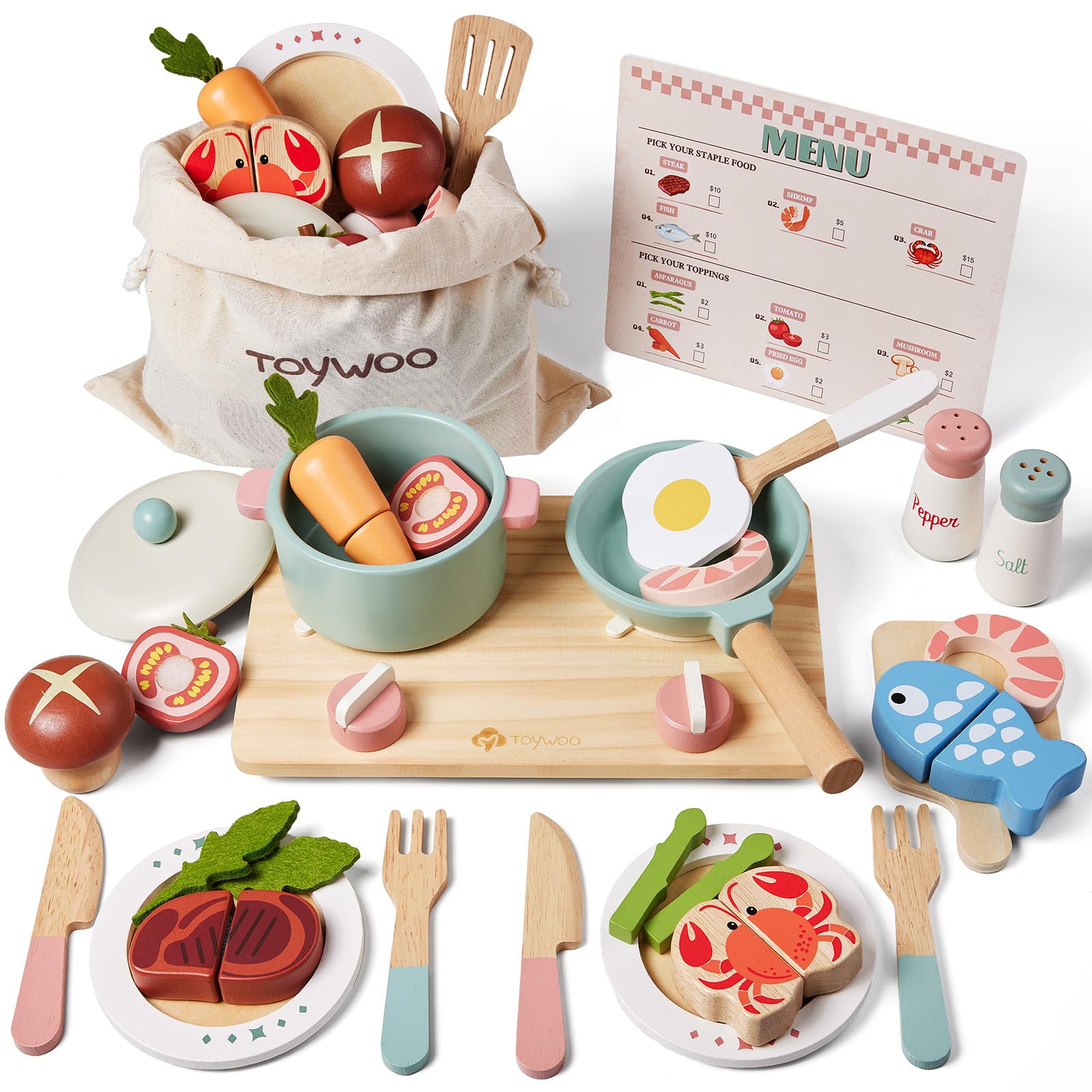 Toywoo wooden play kitchen pots and pans set fuels imaginative cooking play.