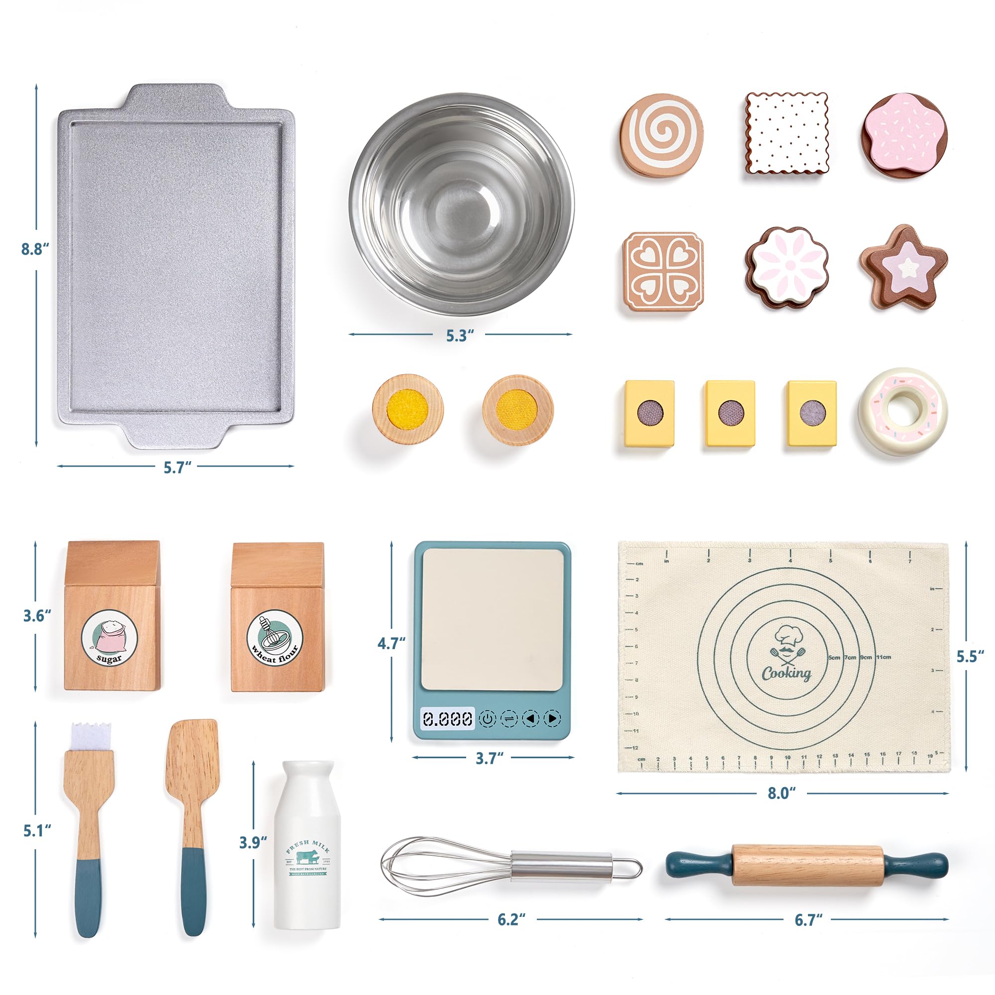 Toywoo wooden cookies and bakeware encourage pretend play and creative storytelling.