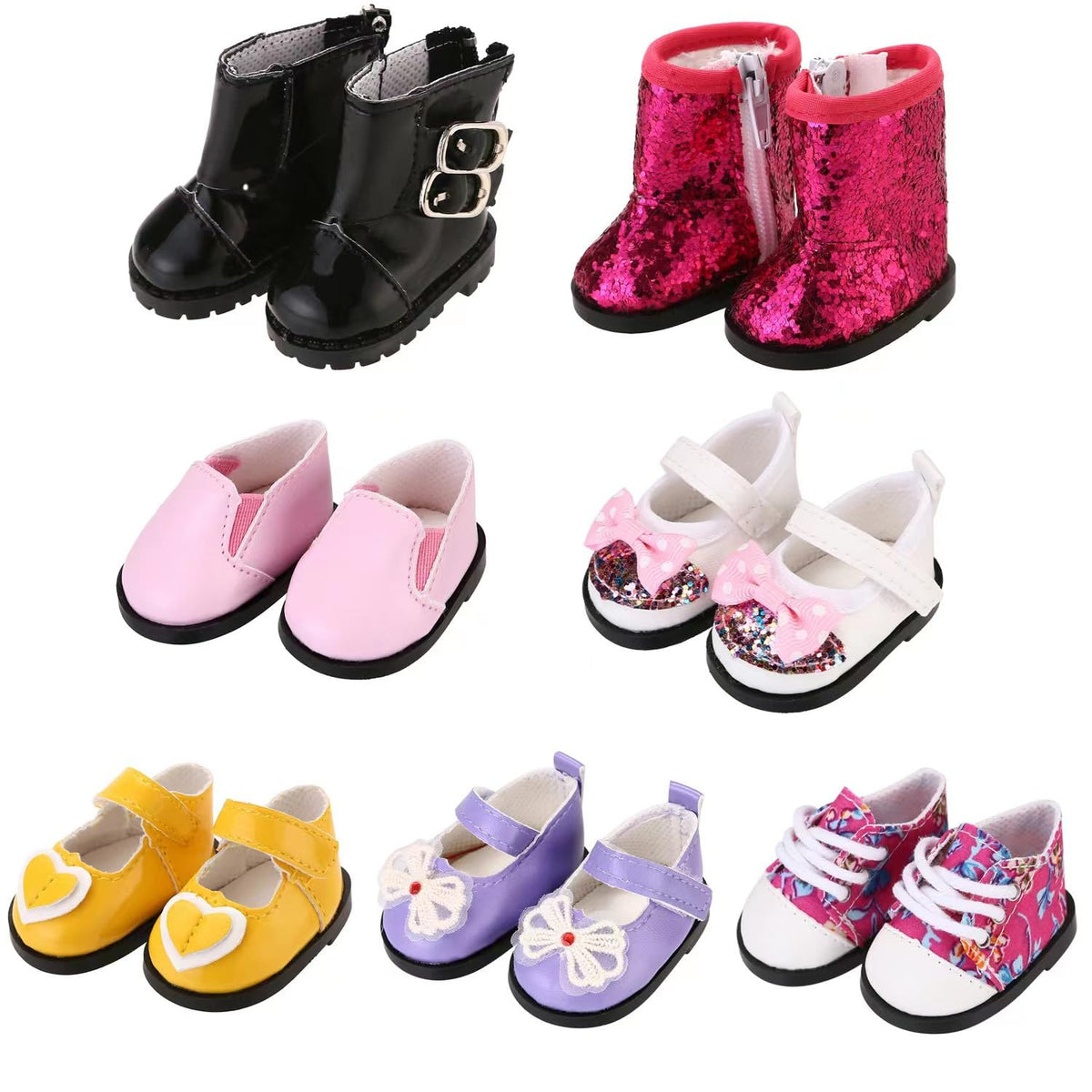 TOYYSB 7-pair doll shoes for Wellie Wishers, perfect for imaginative dress-up play.