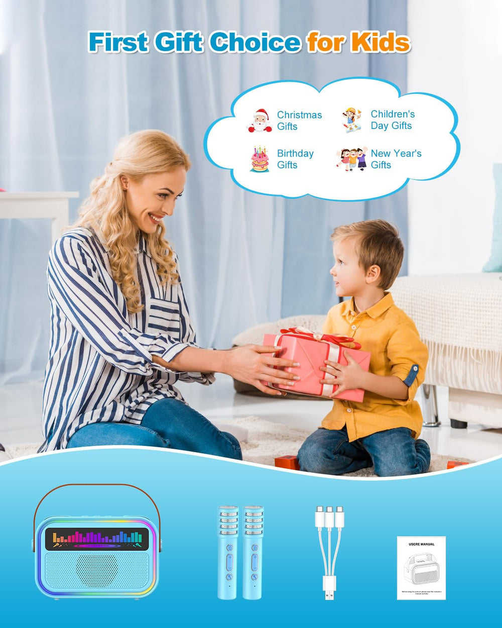 TOZDTO gift-ready karaoke set packaging ideal for birthdays or holidays.