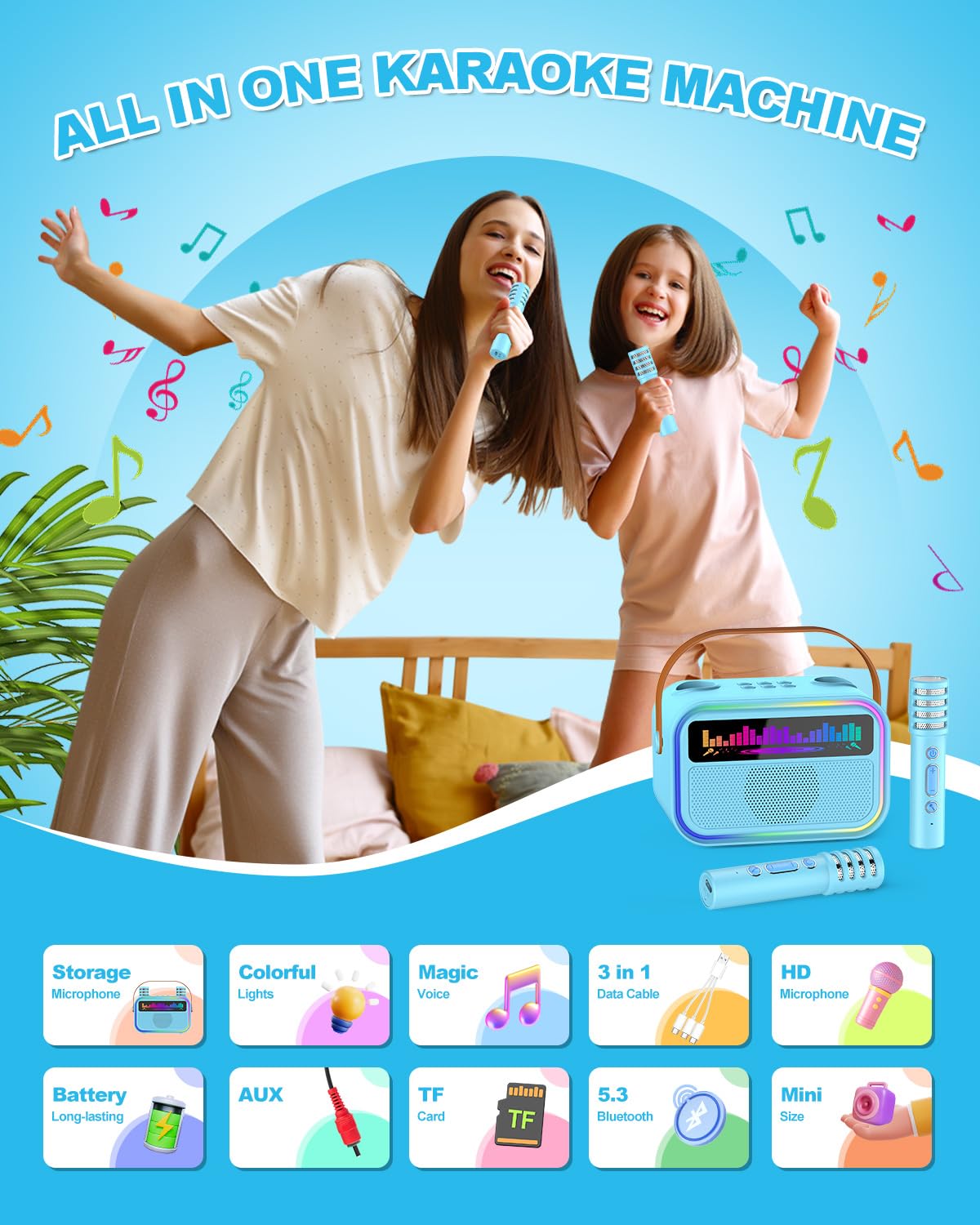 TOZDTO karaoke machine side view in blue, portable design for travel and playdates.