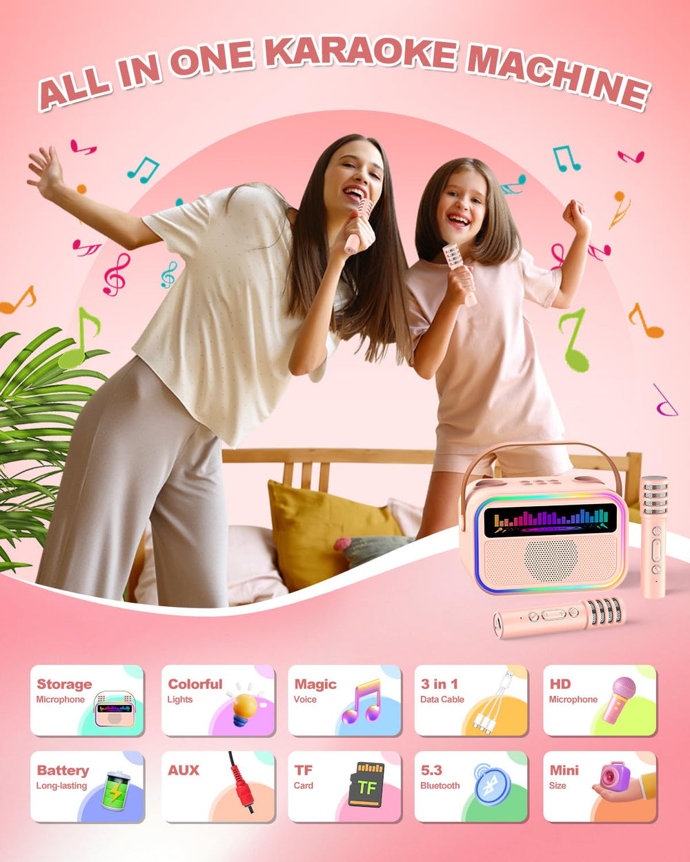 TOZDTO karaoke machine with two mics enables fun duet singing.
