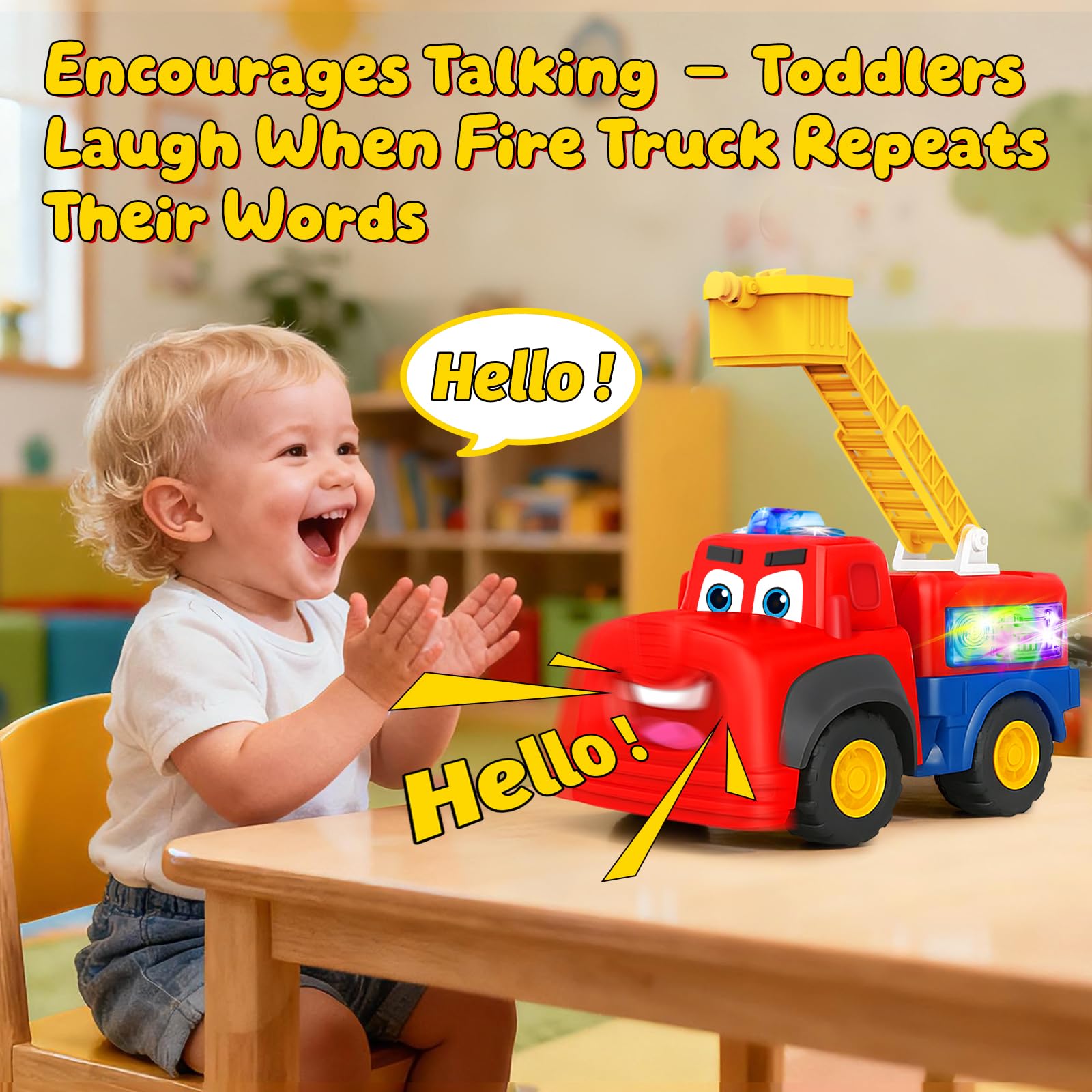 Tozkizm Talking Fire Truck birthday-gift scenario highlights a delightful, engaging present.