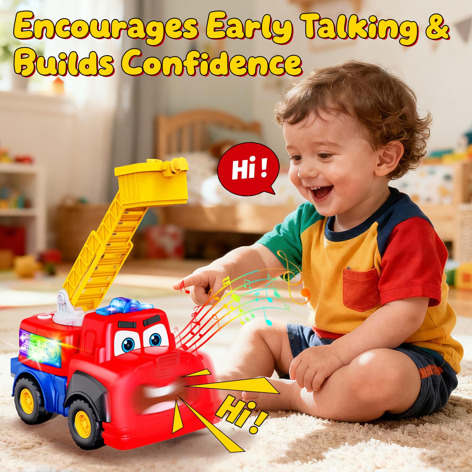 Tozkizm Talking Fire Truck flashing lights captivate toddlers during imaginative play.