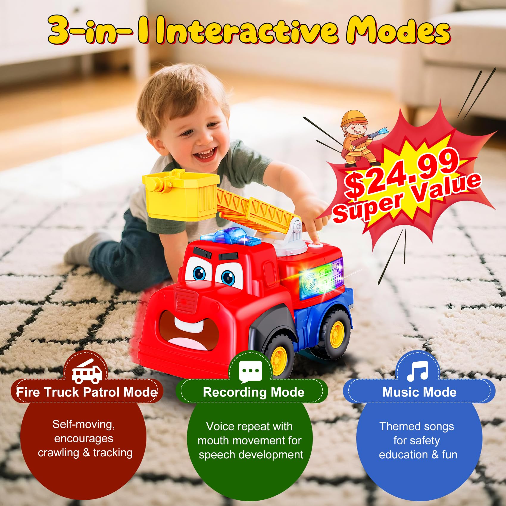 Tozkizm Talking Fire Truck music-sounds mix adds excitement to rescue role-play.