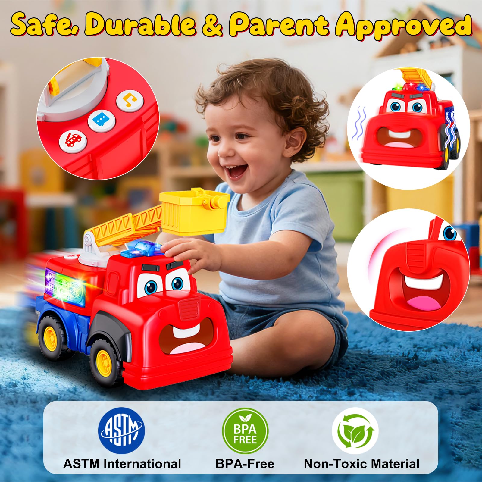 Tozkizm Talking Fire Truck voice-repeat feature invites toddlers to imitate words.