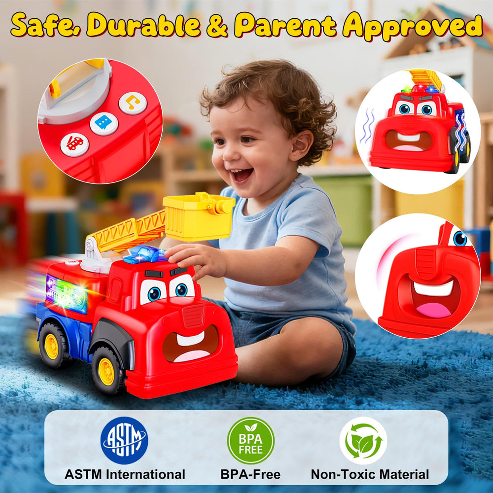 Tozkizm Talking Fire Truck voice-repeat feature invites toddlers to imitate words.