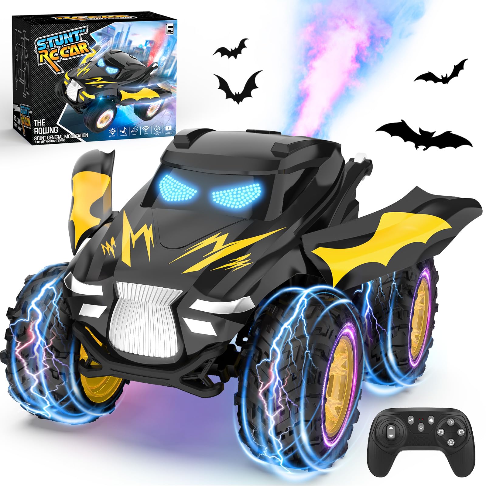 Tozuoup RC stunt car with spray and lights for dazzling backyard play at night.