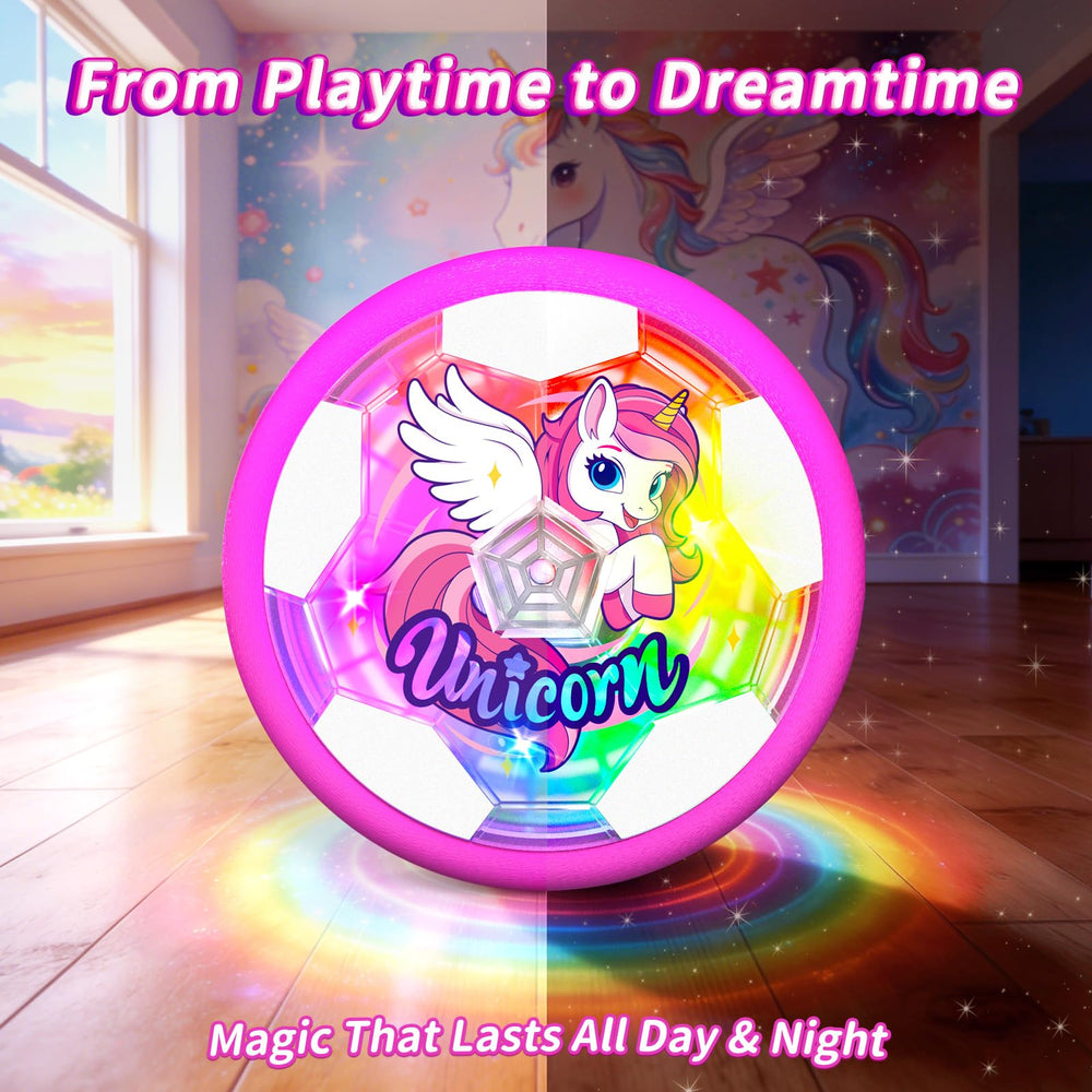 Tqeieu Unicorn Hover Soccer Ball top view highlights rainbow lights