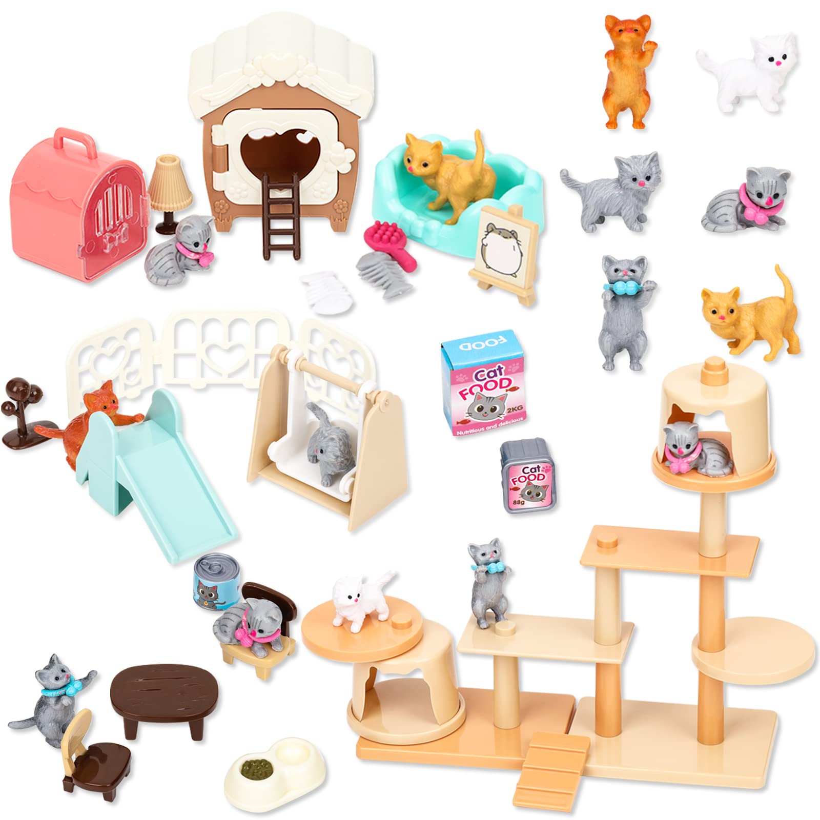 TQQFUN cat figurine playset—front view for imaginative pretend play.