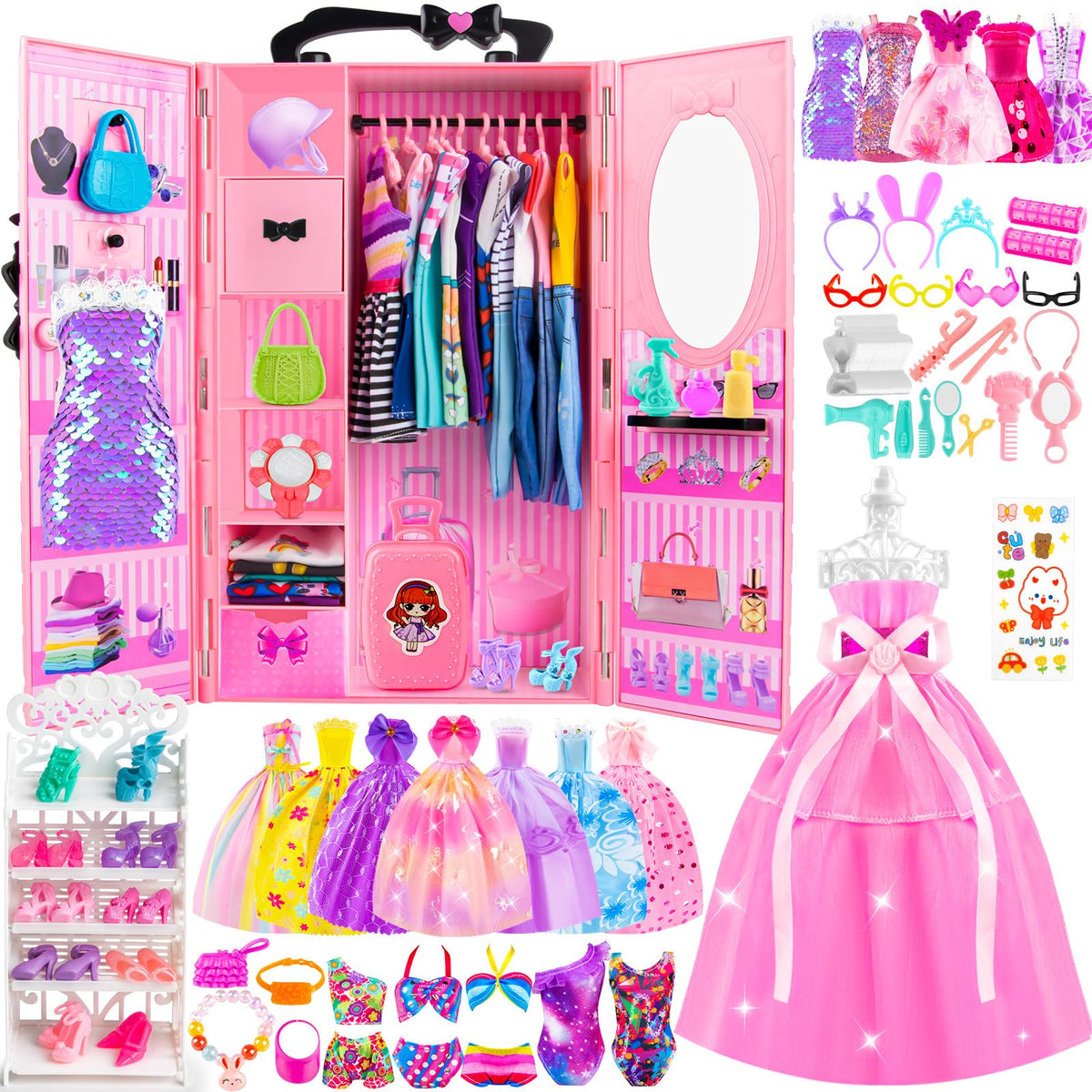 TQRAZ 137pcs doll closet wardrobe with organized storage and hanging space.