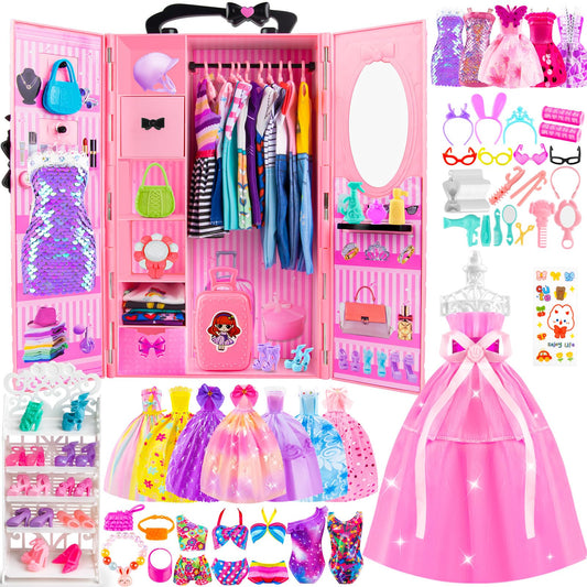 TQRAZ 137pcs doll closet wardrobe with organized storage and hanging space.