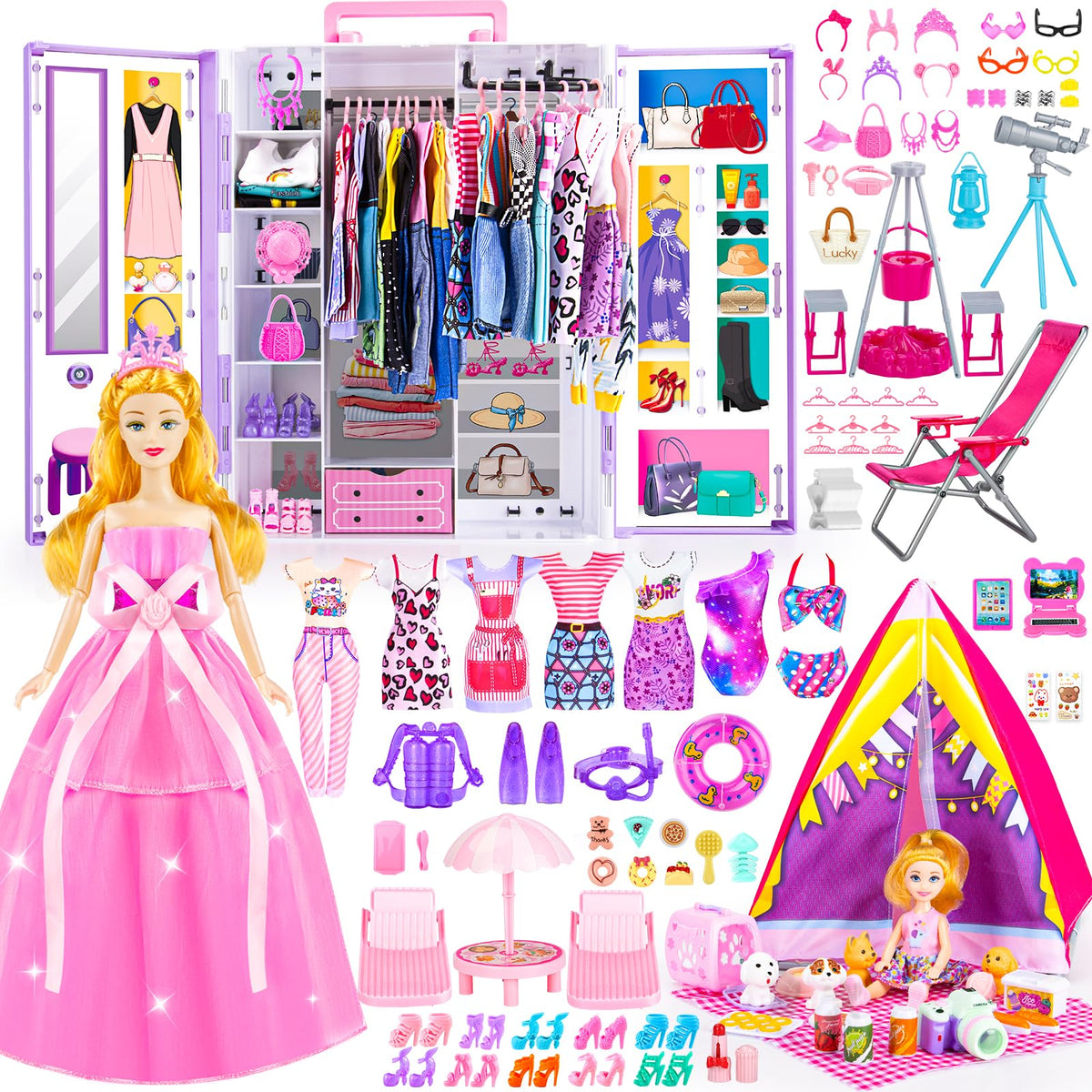 TQRAZ doll closet for 11.5-inch dolls with organized wardrobe options.
