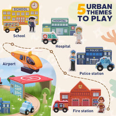 Wooden city themes with fire, police, hospital, school for role-play fun