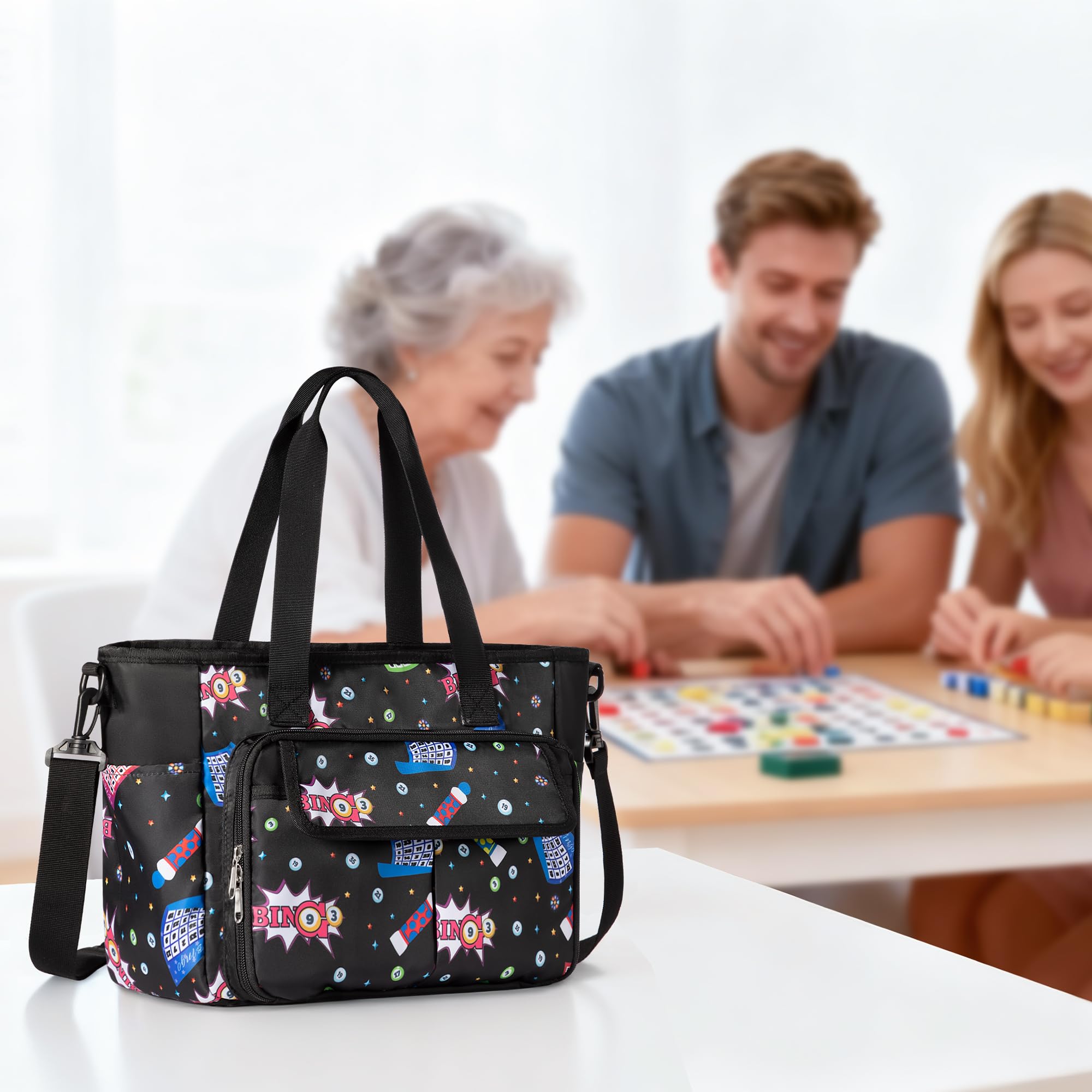 Trahzia Bingo Bag travel-ready with side pockets for water bottle and umbrella.