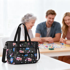Trahzia Bingo Bag travel-ready with side pockets for water bottle and umbrella.