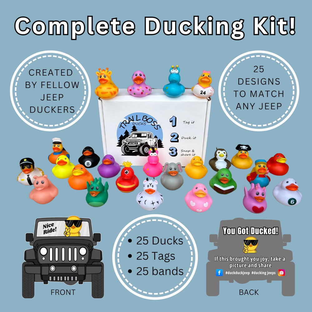 Trail Boss Ducks jeep ducking tags feature jeep design and friendly messages.