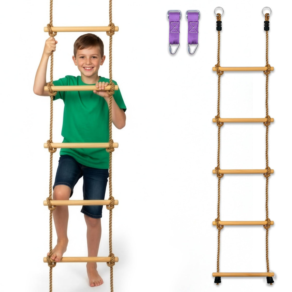 Trailblaze wooden rope ladder with beechwood rungs, ideal for backyard treehouse adventures