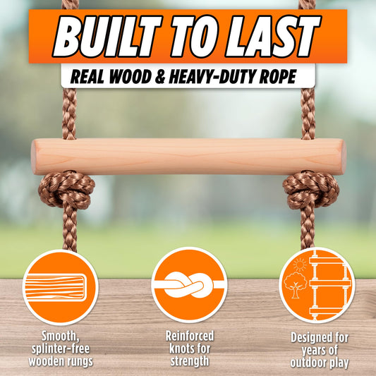 Trailblaze wooden rope ladder closeup shows smooth, splinter-free beechwood rungs for safe climbing
