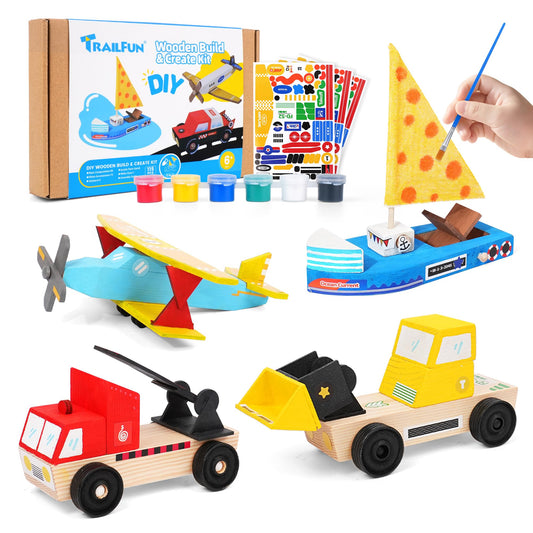 Trailfun wooden build paint kit with modular pieces for endless design possibilities.
