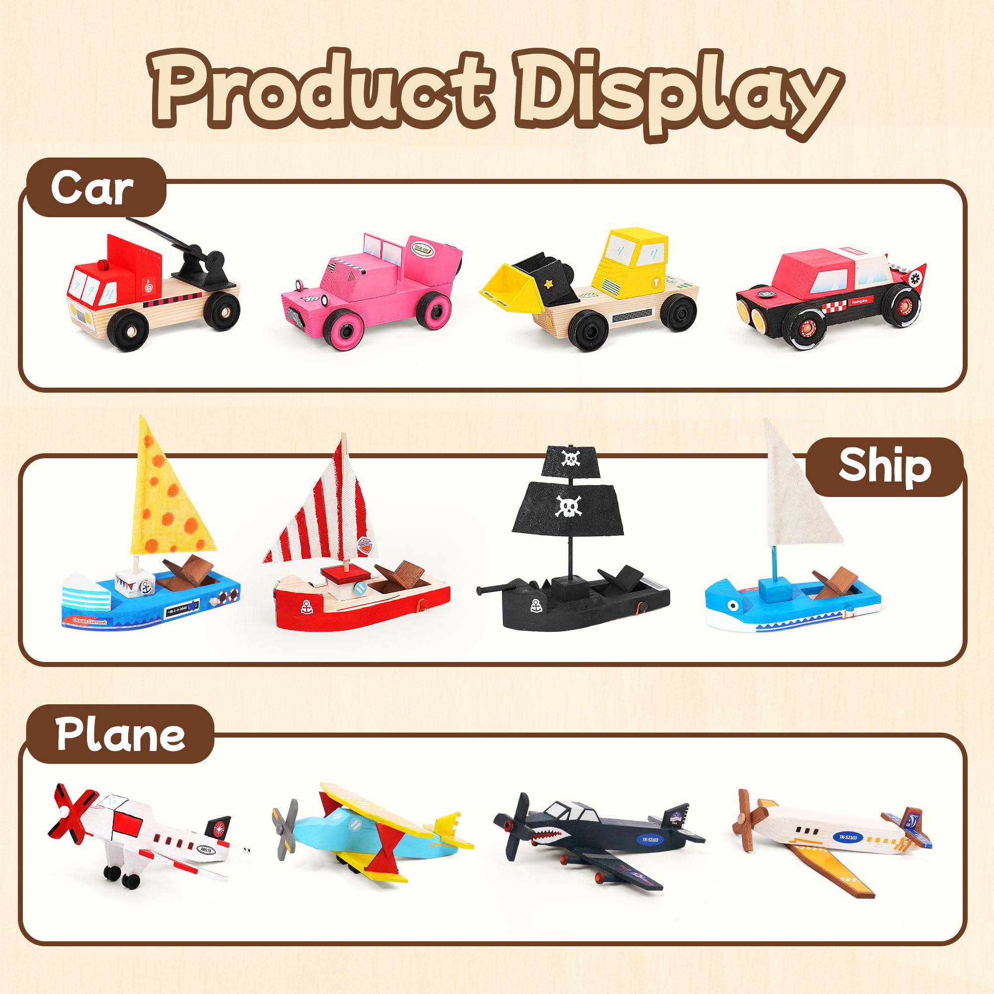 Trailfun wooden build paint kit painting brushes and stickers for colorful finishing.