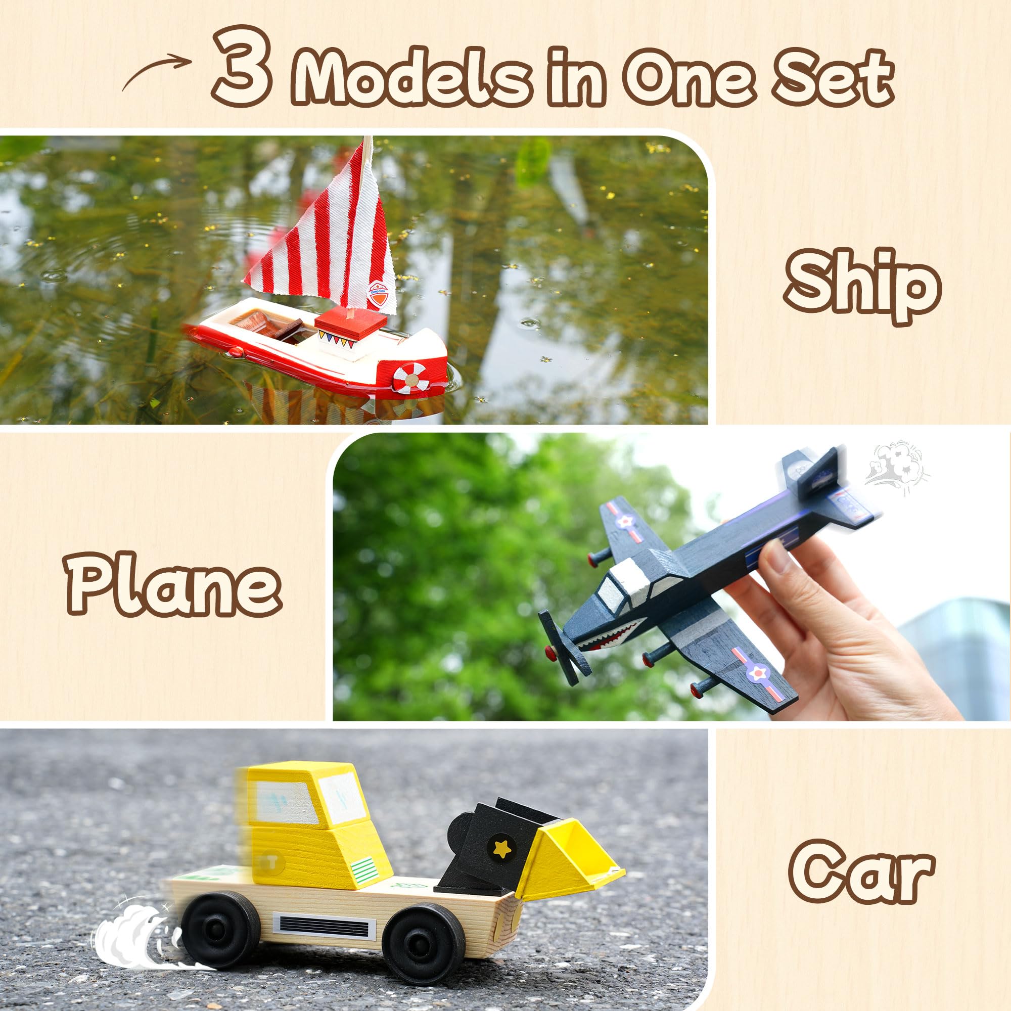 Trailfun wooden build paint kit boat that moves in water without batteries.