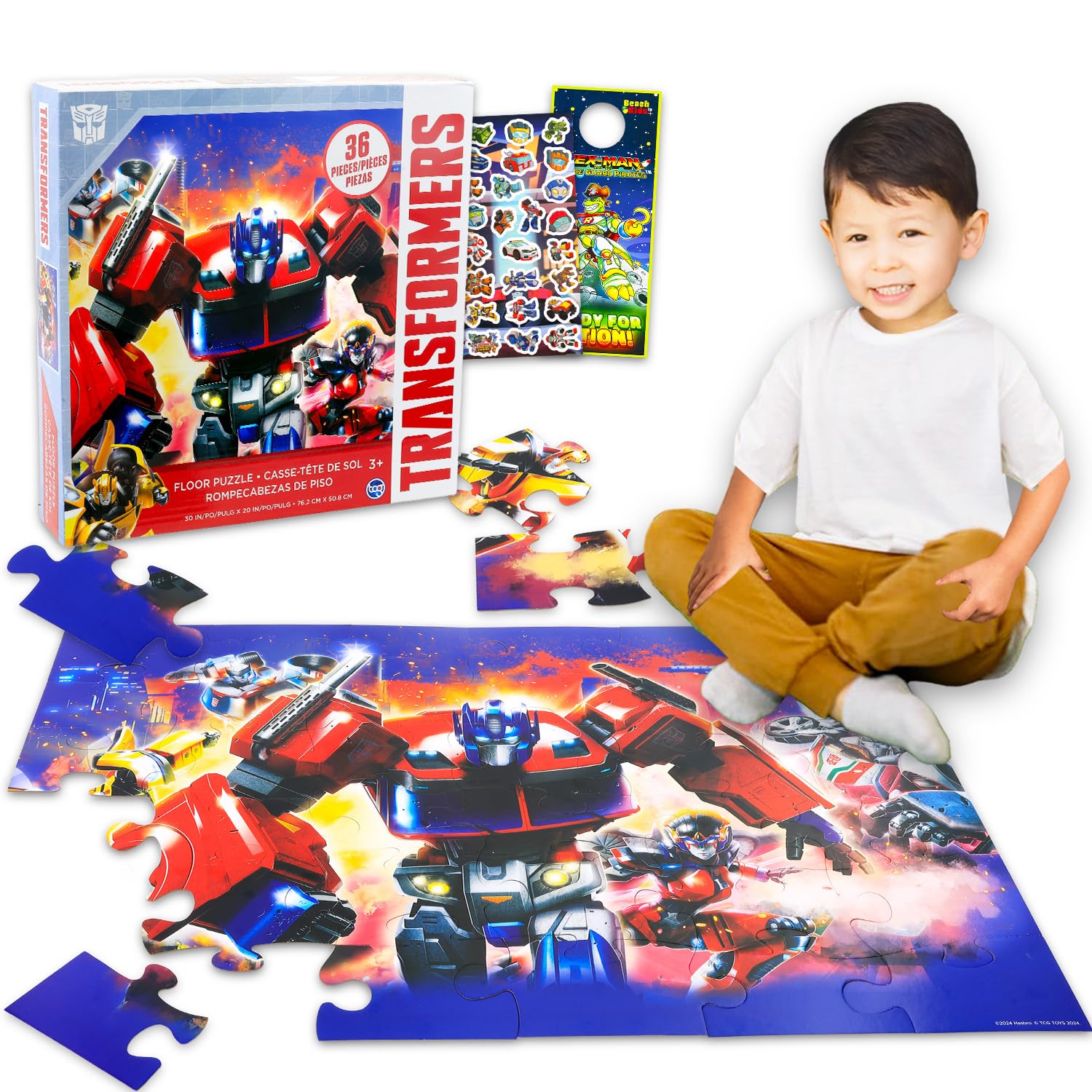 Transformers 36-piece floor puzzle featuring Optimus Prime for family playtime.