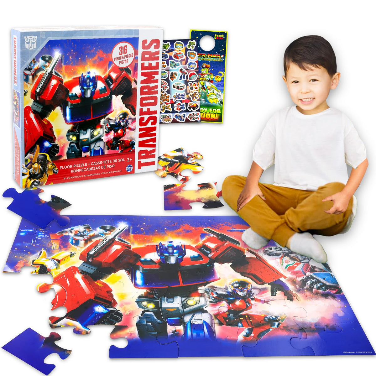 Transformers 36-piece floor puzzle featuring Optimus Prime for family playtime.