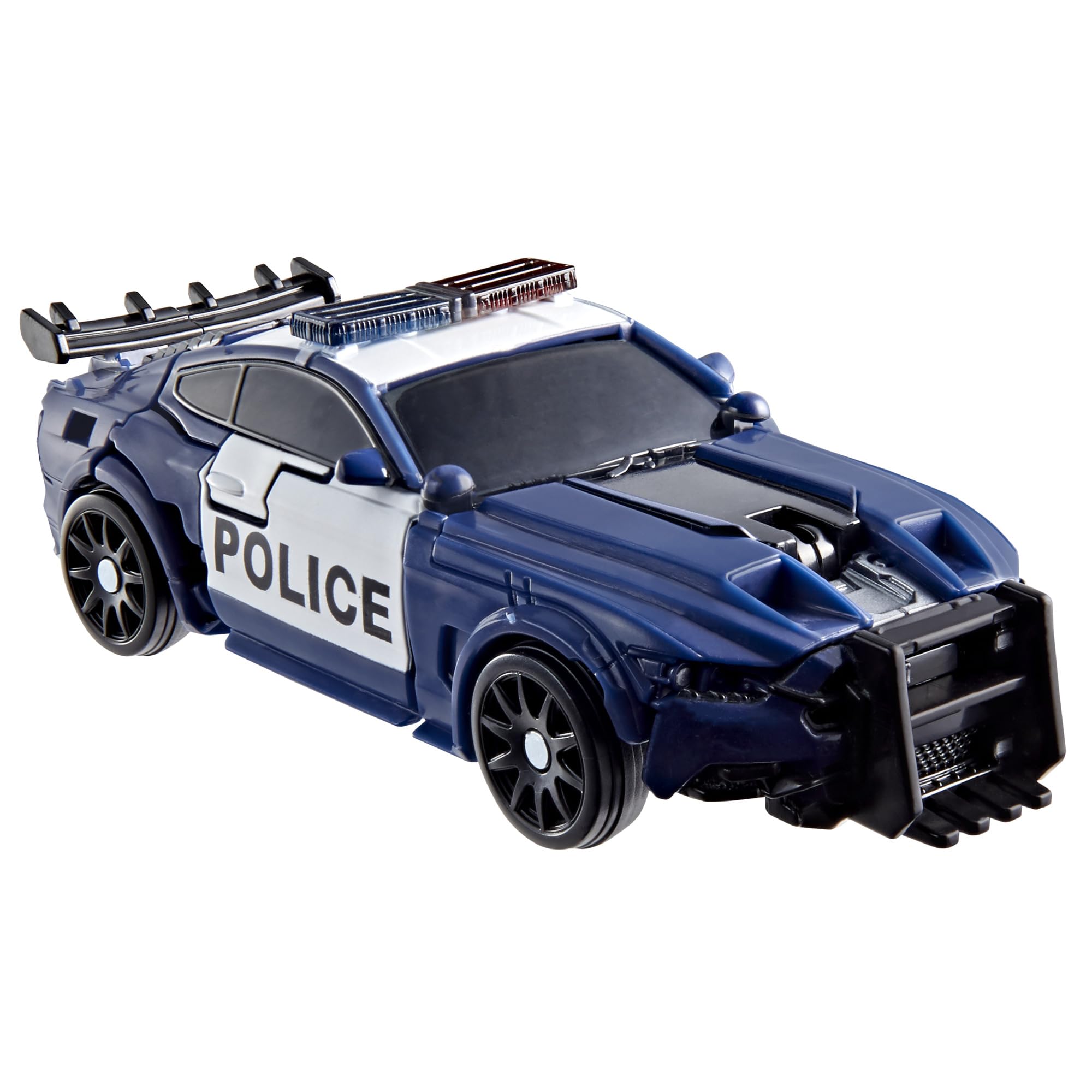Barricade in licensed Ford Mustang police car mode for authentic detail.