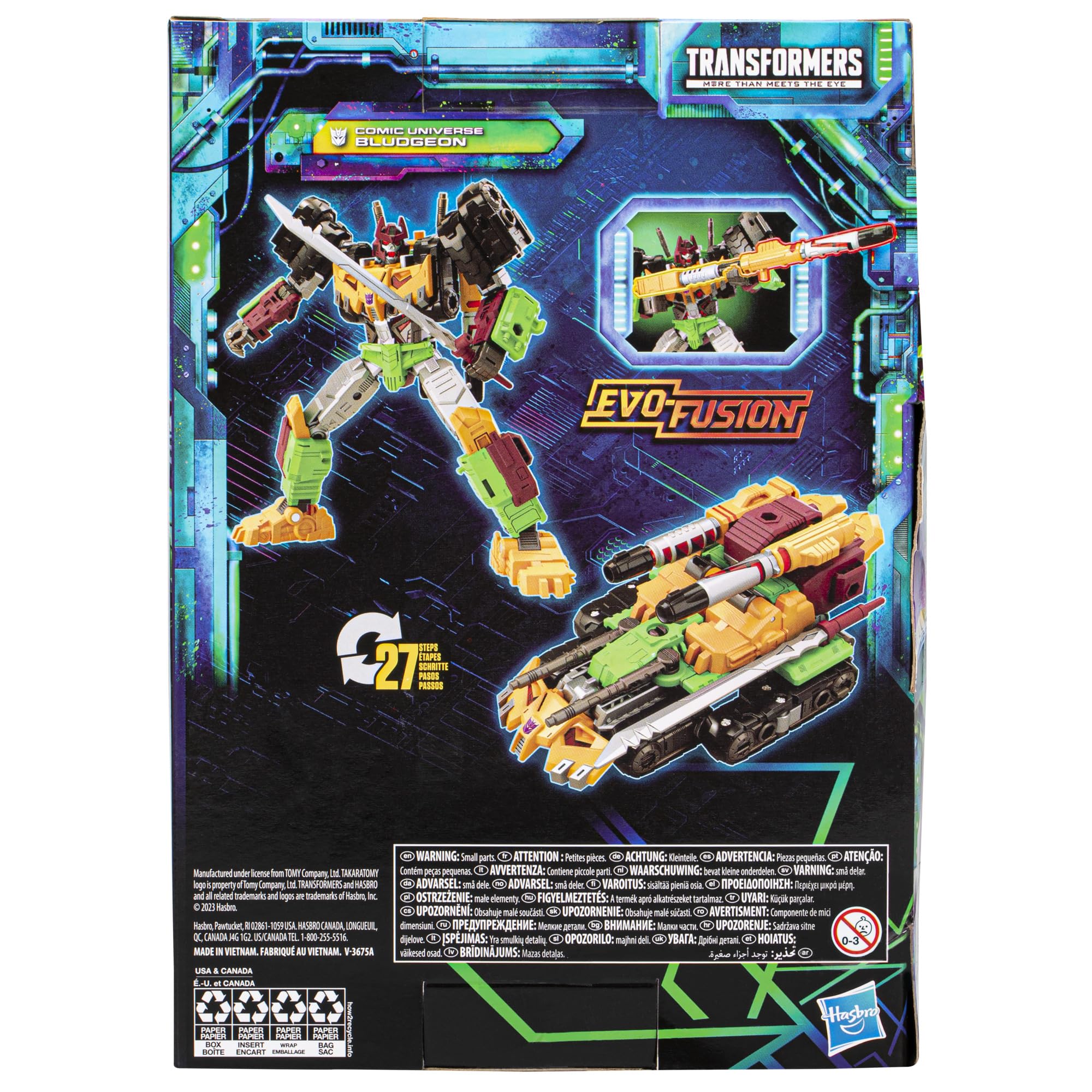 Transformers Bludgeon 7-inch figure, packaging scan area, reveals tech specs.