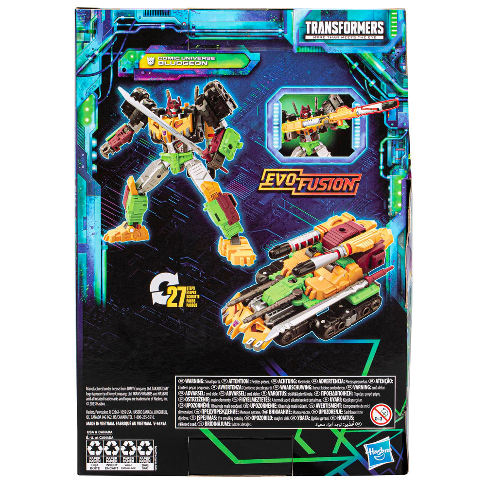 Transformers Bludgeon 7-inch figure, packaging scan area, reveals tech specs.
