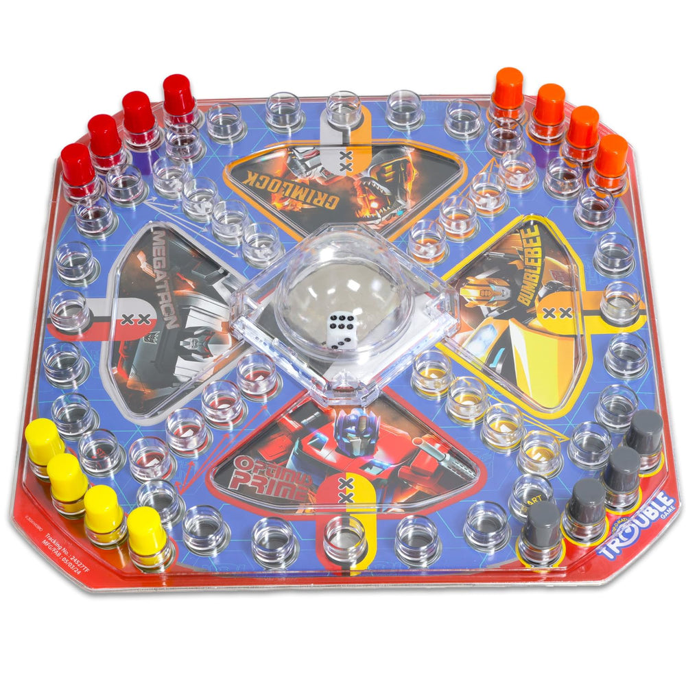 Transformers board game with die and movable pegs for family play.