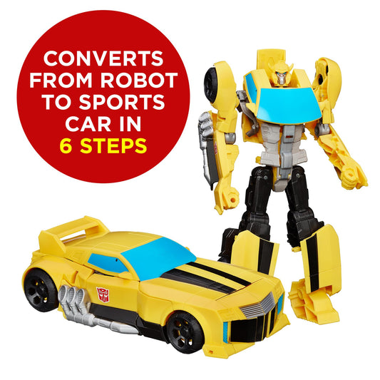 Transformers Bumblebee car mode shows the signature yellow vehicle form for pretend missions.